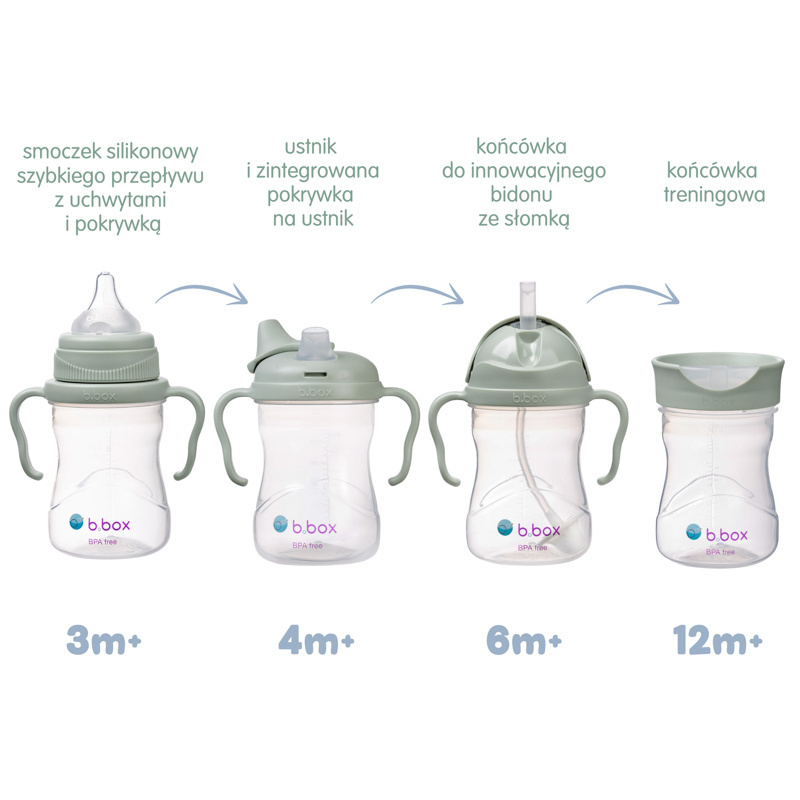 B.box kubek do nauki picia dla dziecka - zestaw 4w1 240 ml Sage, OUTLET