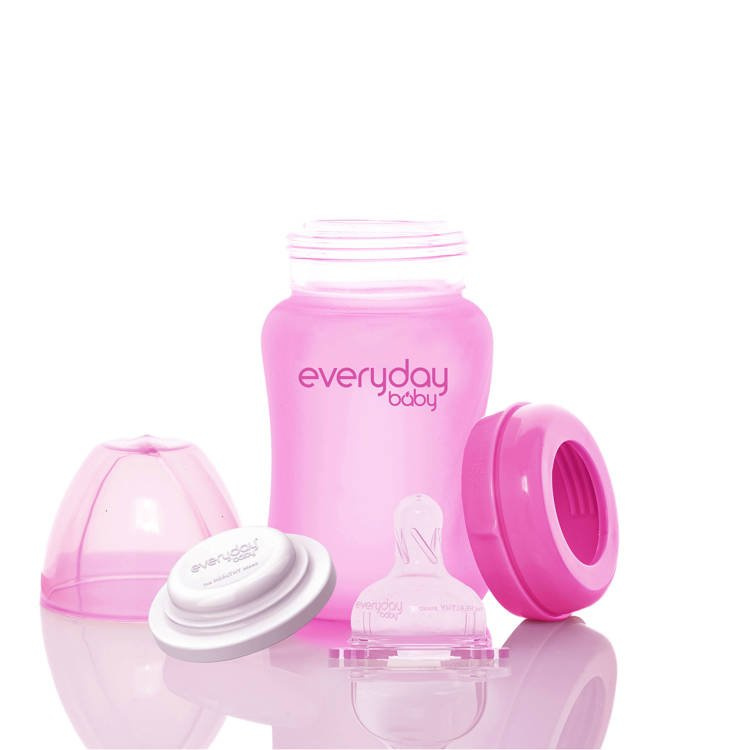 Szklana butelka ze smoczkiem S reagująca na temperaturę, 150 ml, wiśniowa, Everyday Baby, 89.00 zł do wyprawki do szpitala