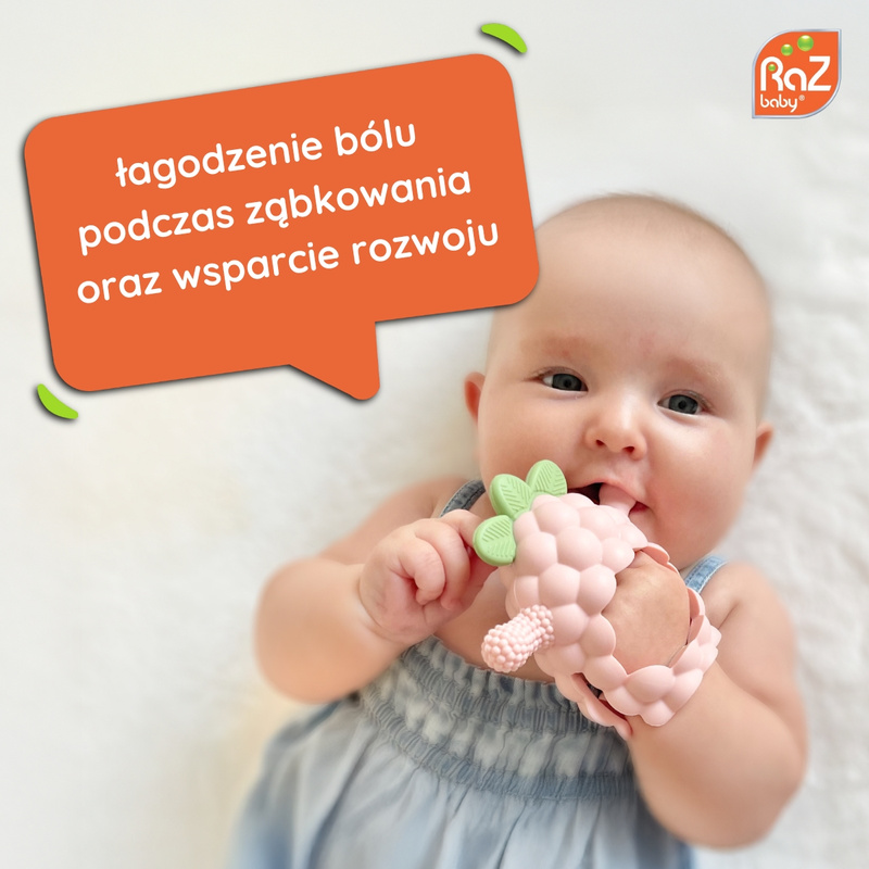 RaZbaby Gryzak Silikonowy na ząbkowanie dla Niemowląt | RaZberry Grip różowy, 3m+, OUTLET