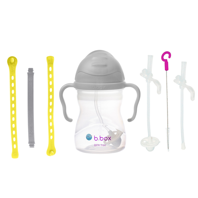 Zestaw na start 3w1 - bidon ze słomką 240 ml  szary + smycz Lemon Sherbet + zapasowe słomki, b.box