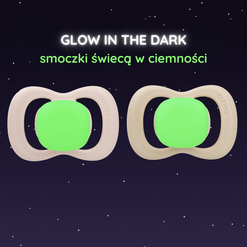 b.box Smoczek dla noworodka i niemowlaka 2 szt.– symetryczny smoczek silikonowy 0 – 6 mies. Glow in the dark Blush + Latte