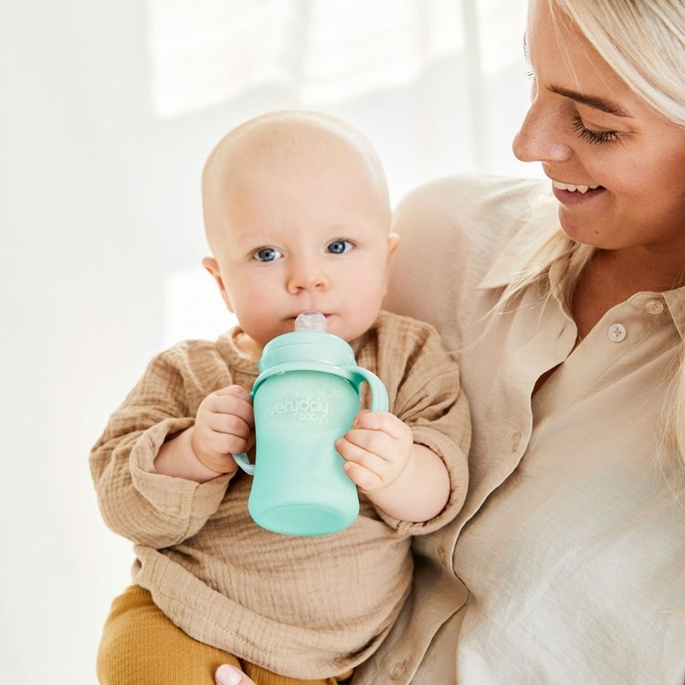 Szklana butelka z ustnikiem niekapkiem i rączkami, 150 ml, miętowa, Everyday Baby, OUTLET