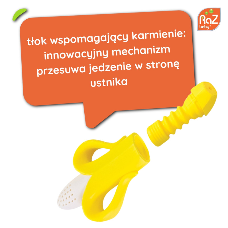 RaZbaby Silikonowy gryzak do podawania owoców i pokarmu Fruitique Banan, 6m+ 