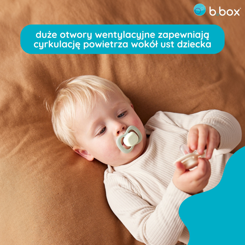 b.box Smoczek dla niemowlaka 2 szt.– symetryczny smoczek silikonowy 6 mies.+ Glow in the dark Sky + Sage