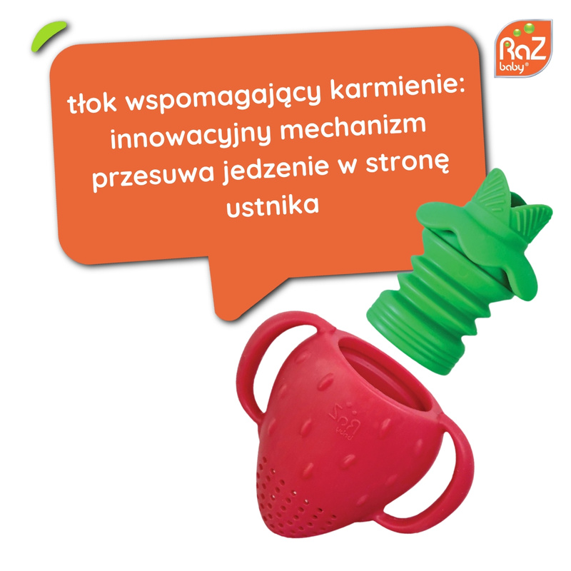 RaZbaby Silikonowy gryzak do podawania owoców i pokarmu Fruitique Truskawka, 6m+