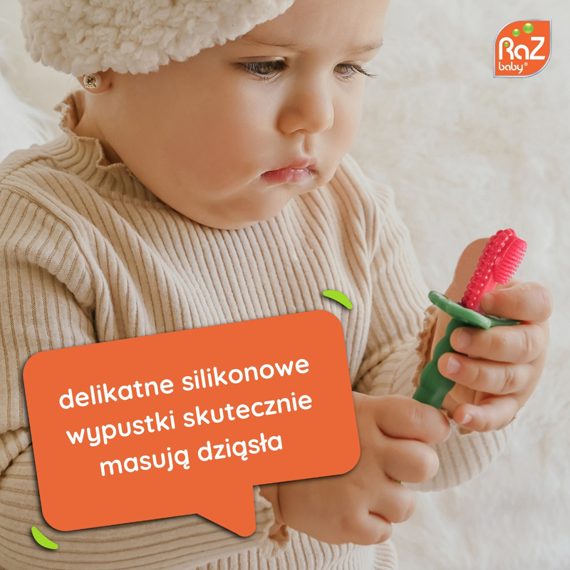 RaZbaby Szczoteczka silikonowa dla dzieci RaZberry | Gryzak i Masażer Dziąseł 2w1 Malinka, 3m+