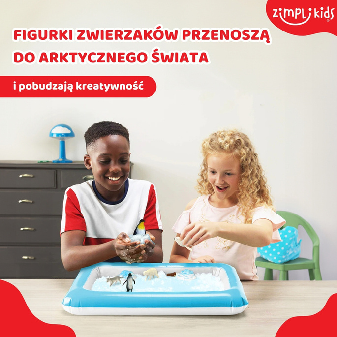 Zimpli Kids Sztuczny śnieg w proszku zestaw do tworzenia śniegu z figurkami zwierząt i nadmuchiwaną tacą Sno World Arctic Adventure 5 użyć 3+
