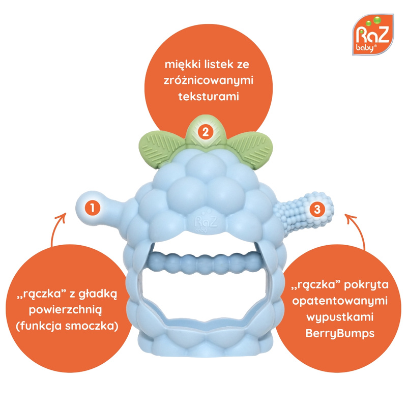 RazBaby Gryzak Silikonowy dla Niemowląt | Razberry Grip błękitny, 3m+