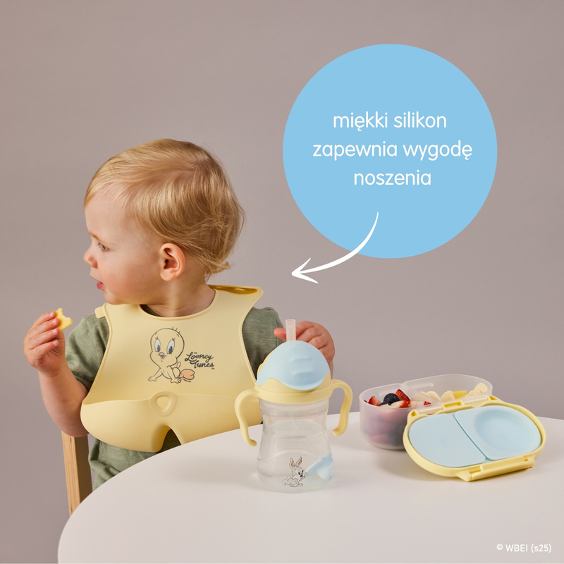 Looney Tunes by b.box Zwijany śliniak silikonowy z otwartą kieszonką – miękki śliniak dla dziecka i niemowlaka OUTLET