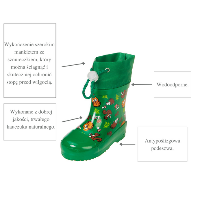 Kalosze dziecięce ze ściągaczem, Leśne Zwierzątka, zielone, Playshoes