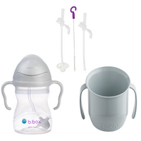 Zestaw bidon ze słomką 240 ml, szary, b.box z zapasowymi słomkami oraz kubek, szary, Doidy