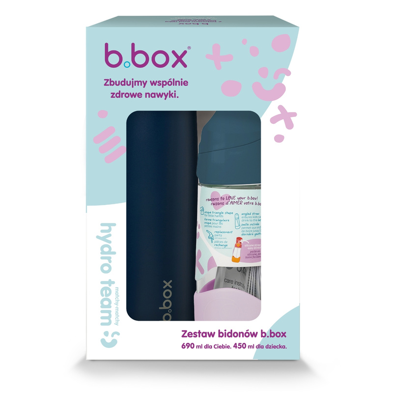 Zestaw Hydro Team butelka termiczna 690 ml Midnight + butelka na wodę ze słomką tritanowa 450 ml Indigo Rose, b.box