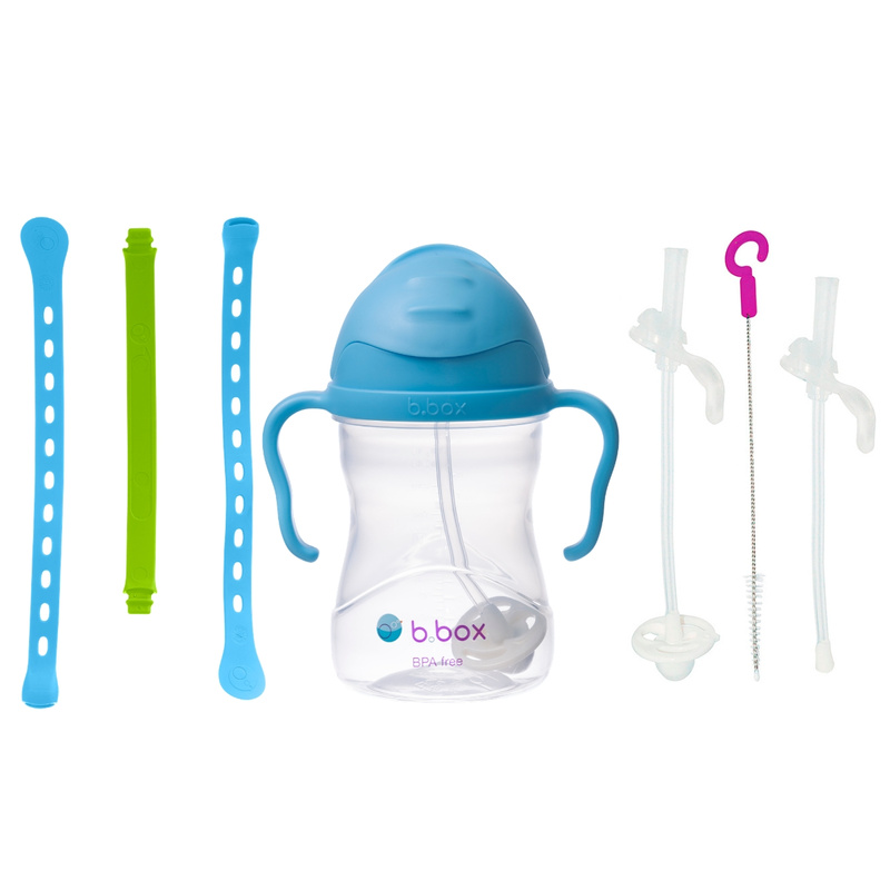 Zestaw na start 3w1 - bidon ze słomką 240 ml borówkowy+ smycz Ocean Breeze + zapasowe słomki, b.box