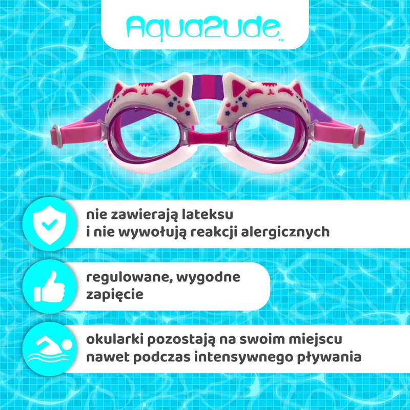 Aqua2ude Okulary do pływania dla dzieci nieparujące – okularki pływackie na basen Kotek różowy 3+