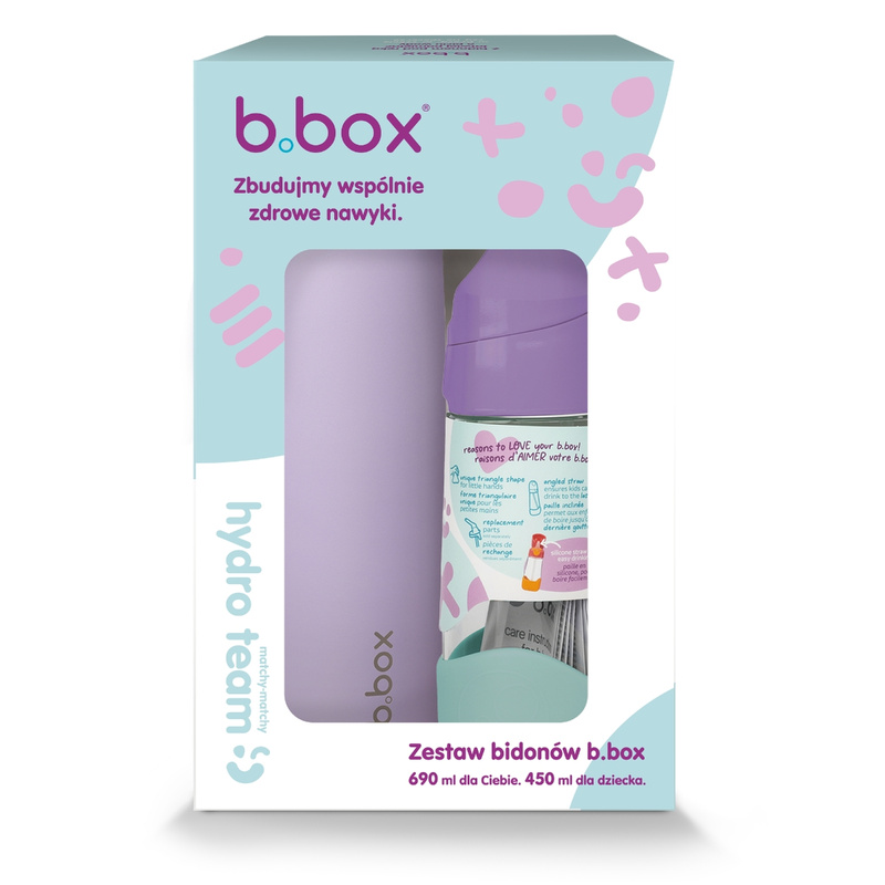 Zestaw Hydro Team butelka termiczna 690 ml Lilac Love + butelka na wodę ze słomką tritanowa 450 ml Lilac Pop, b.box 