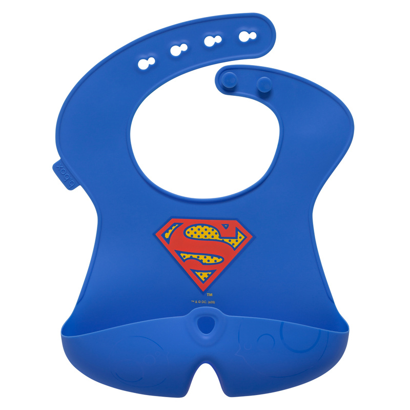 Superman by b.box Zwijany śliniak silikonowy z otwartą kieszonką – miękki śliniak dla dziecka i niemowlaka