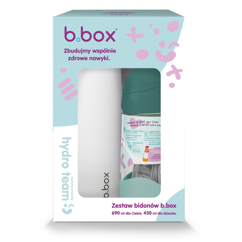 Zestaw Hydro Team butelka termiczna 690 ml White Out + butelka na wodę ze słomką tritanowa 450 ml Emerald Forest, b.box