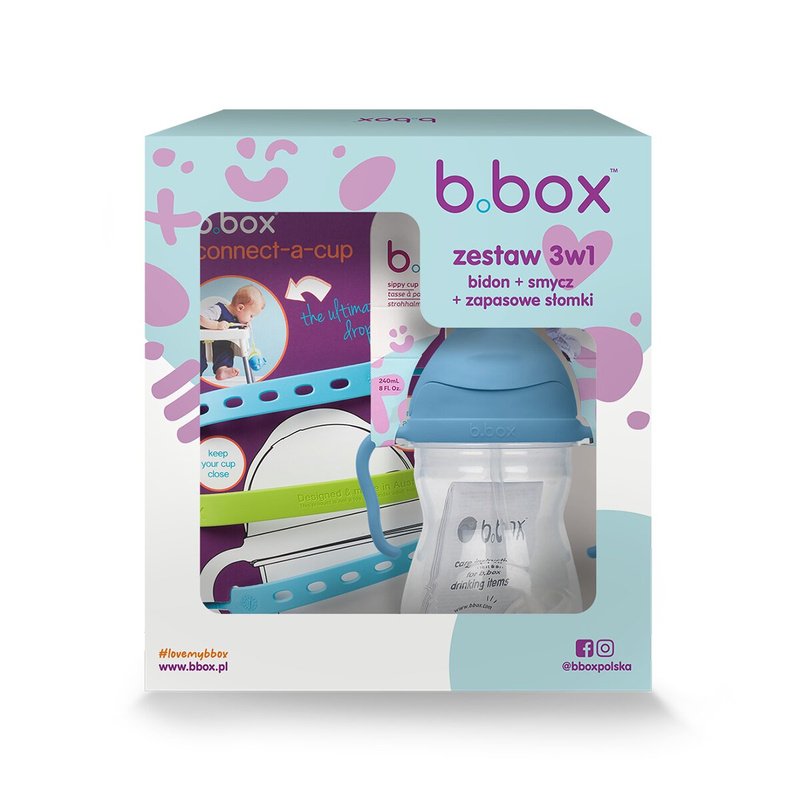Zestaw na start 3w1 - bidon ze słomką 240 ml borówkowy+ smycz Ocean Breeze + zapasowe słomki, b.box