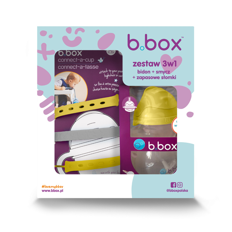 Zestaw na start 3w1 - bidon ze słomką 240 ml cytrynowy + smycz Lemon Sherbet + zapasowe słomki, b.box