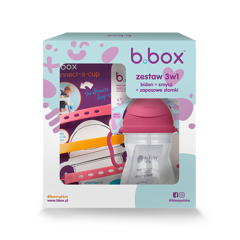 Zestaw na start 3w1 - bidon ze słomką 240 ml malinowy + smycz Strawberry Shake + zapasowe słomki, b.box