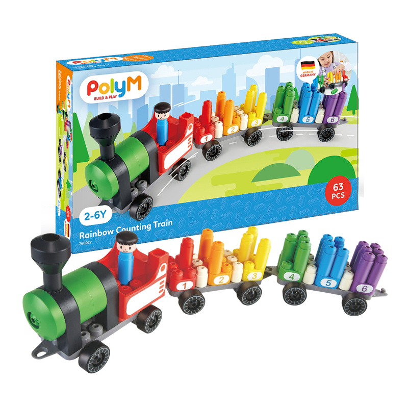 Klocki konstrukcyjne, tęczowy pociąg do liczenia, 63 el., 2+, PolyM